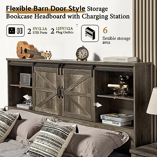 VanAcc Full Size Bed Frame, Wooden Platform Storage Bed with 51.2" Bookcase Headboard, 2 Drawers