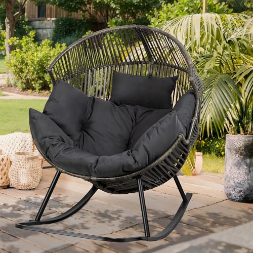 Vongrasig Outdoor Wicker Egg Chair PE Rattan Chair with Cushion, Oversized Patio Lounge Chair for Outdoor, Indoor, Balcony, Backyard, Garden, Black