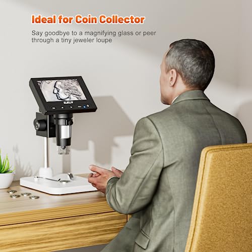 Elikliv Microscope, LCD Digital Coin Microscope 1000x, Coin Magnifier with 8 Adjustable LED Lights, PC View Compatible with Windows/MacBook, EDM4