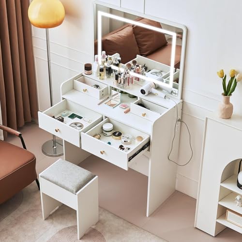 Vanity Desk with Mirror and Lights, Makeup Vanity Table with Drawers, Storage Stool