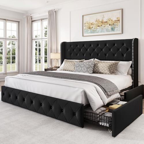 King Size Bed Frame with 4 Storage Drawers and Tufted Headboard Linen Upholstered Platform Bed Frame Wingback Beds with Wooden Slats Support
