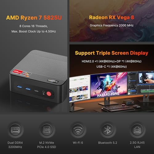 P4 Light Gaming Mini PC, Ryzen 7 5825U, 32GB RAM 1TB SSD, 11 Pro Triple 4K 60HZ Displays Desktop Computers, Support PS3 Emulator Micro PC