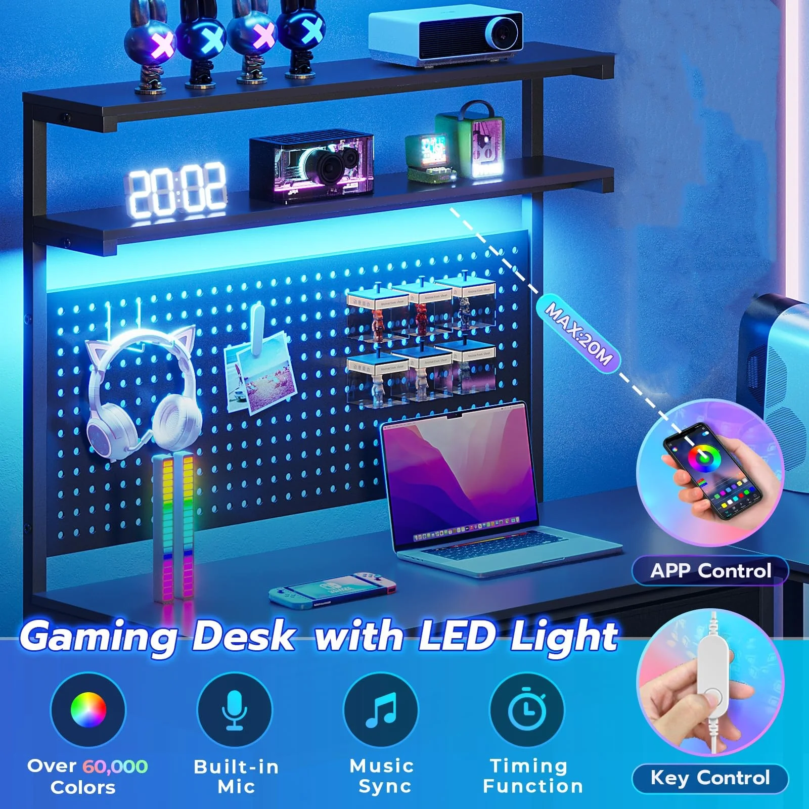 L Shaped Gaming Desk with LED Lights and Hutch,89.7" Home Office Computer Desk with 2 Drawers&Monitor Stand&Pegboard&Storage Shelves,Black