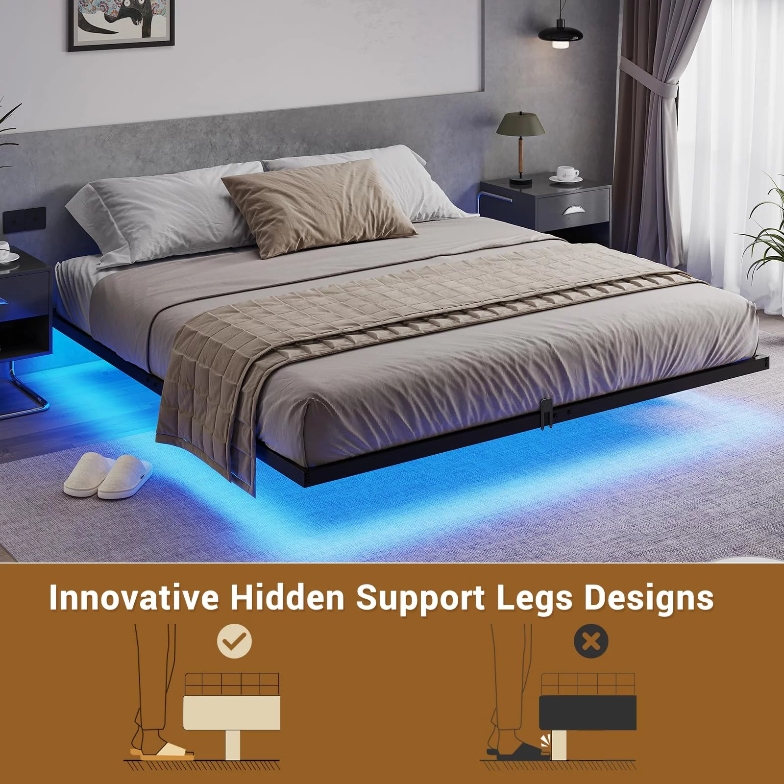 Queen Size Floating Bed Frame with LED Lights, Black Metal Platform Bed, No Box Spring Needed, Easy to Assemble