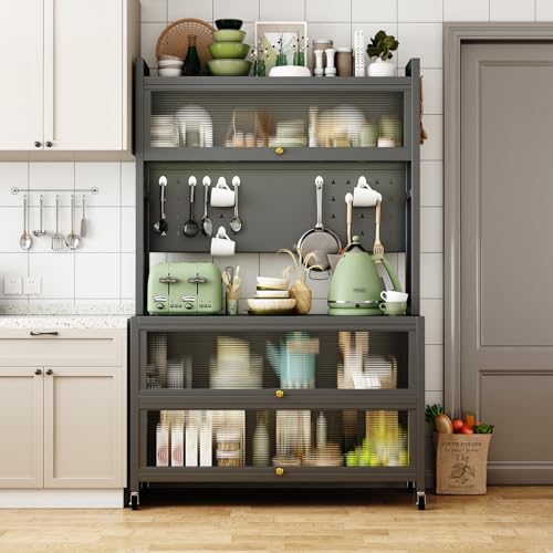 Kitchen Pantry Storage Cabinet with Microwave Space, Freestanding Coffee Bar Shelf Rolling Bakers Racks with 3 Doors for Hutch, Home, Office, Pantry