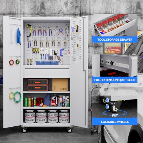 Garage Storage Cabinet with Wheels & Pegboard, 72" H Locking Metal Storage Cabinet with Doors and 4 Adjustable Shelves for Garage Workshop Home