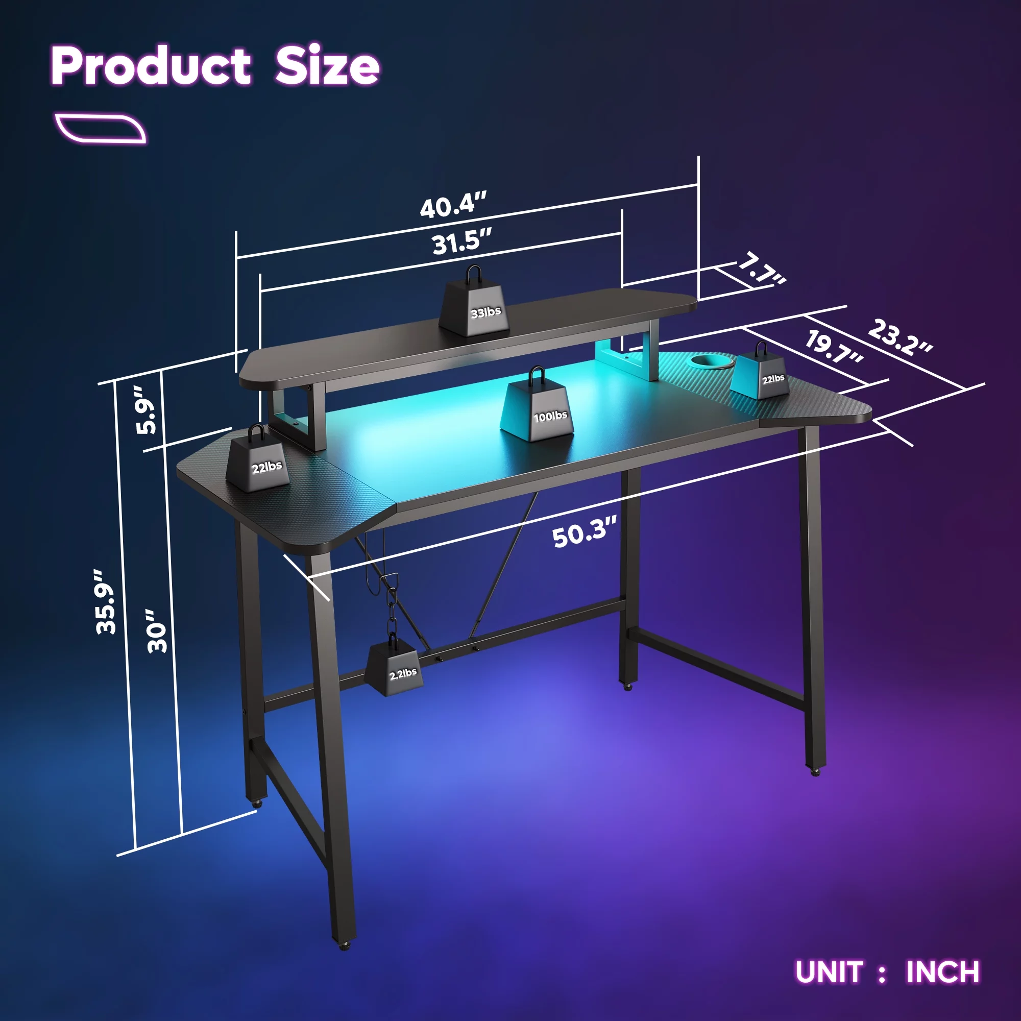 Bestier Gaming Desk 50 Inch PC Computer Desk with LED Lights Monitor Stand Cup Holder, Black