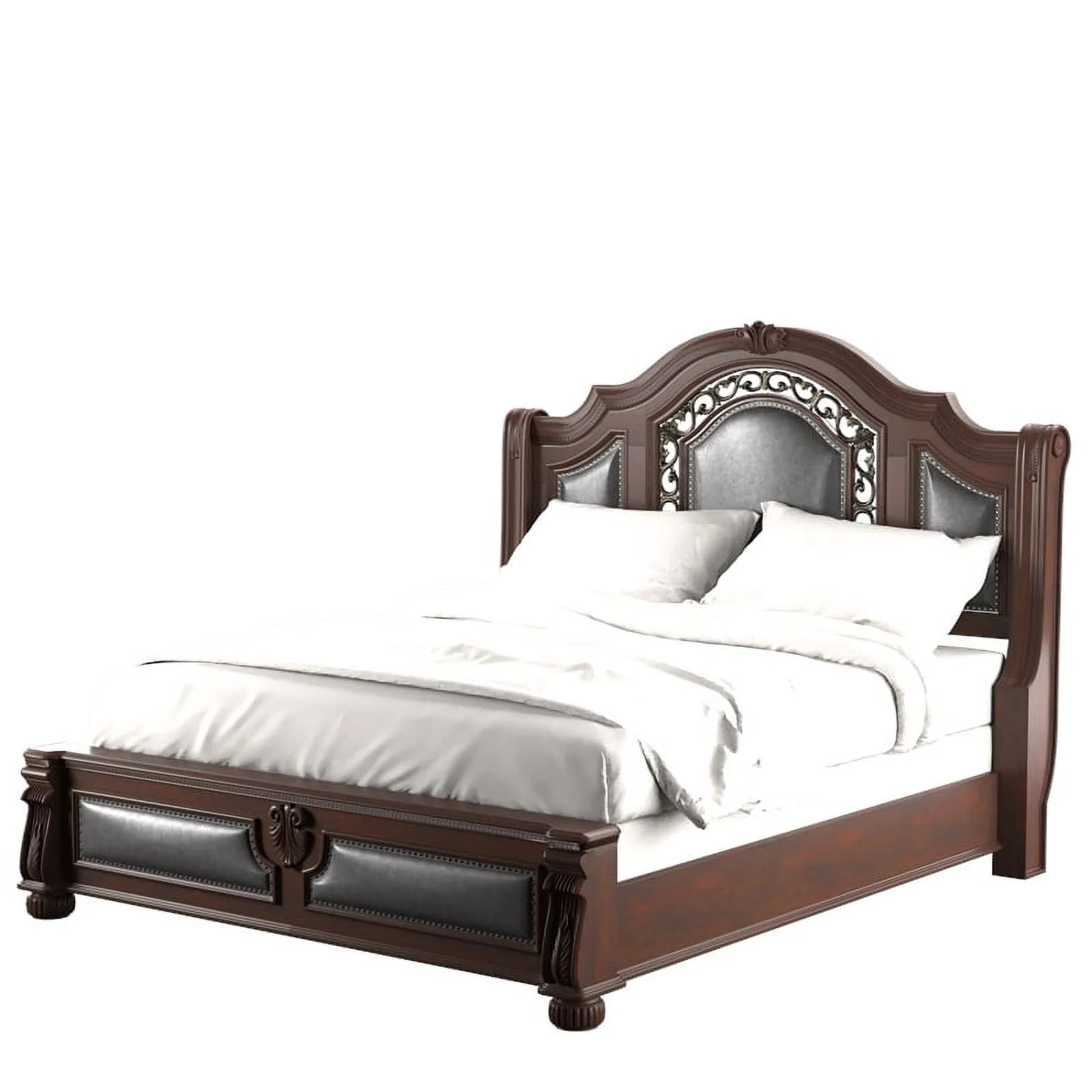 Bowery Hill Traditional Solid Wood Panel King Bed with Faux Leather in Cherry