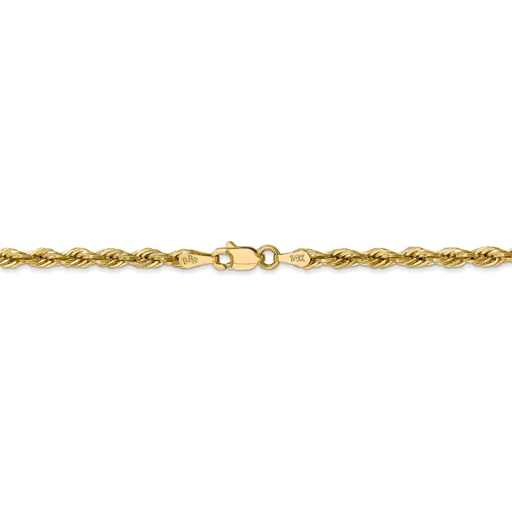 Real 14kt Yellow Gold 3.0mm Semi-Solid Rope Chain; 18 inch; Lobster Clasp; for Adults and Teens; for Women and Men
