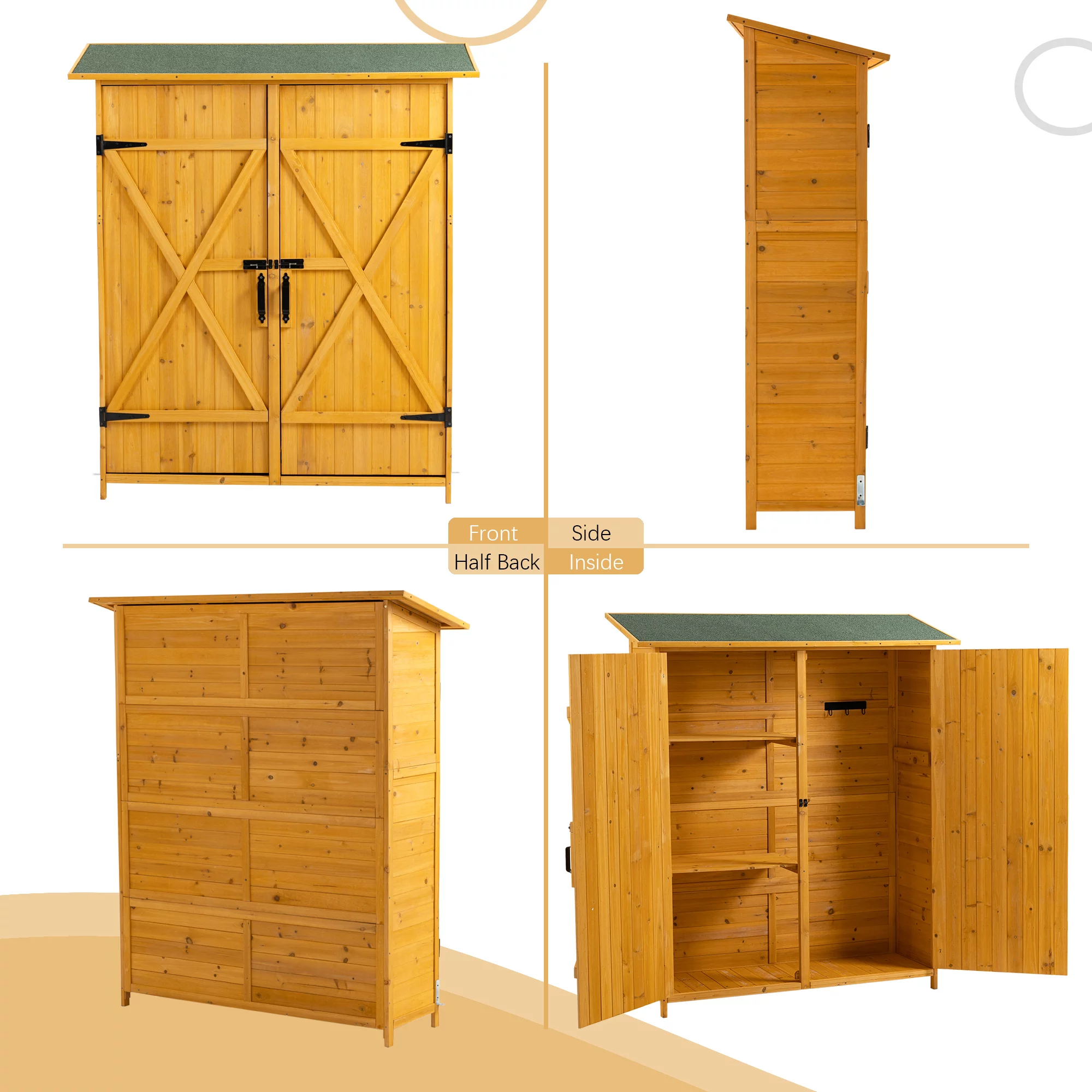 CASEMIOL Patio Storage Shed with Detachable Shelves and Hooks, Outdoor Wood Shed with Waterproof Pitch Roof, Backyard Shed with Lockable Door
