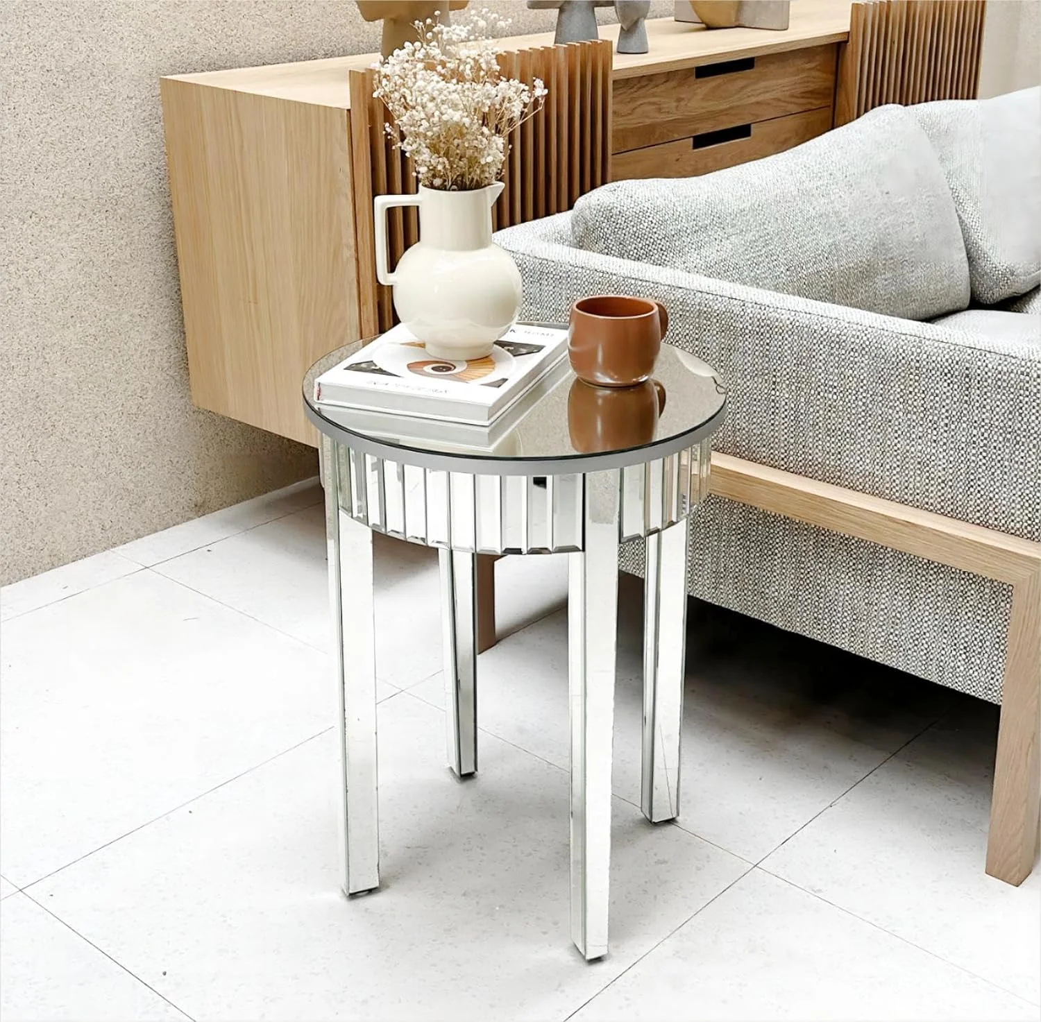 NLIBOOMLife Round Mirrored End Table  17.7 inches Circle Sofa  with Beveled Glass Silver Mirror Edge  Tall Decorative Nightstand Modern Accent Desk