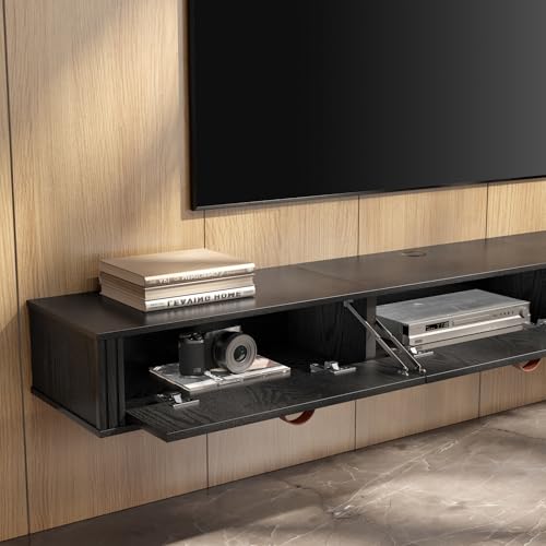 WAMPAT Floating TV Stand,Wall Mounted, Wood Media Console Entertainment Center with Cabinet, 70 inch floating tv shelf for Living Room, Bedroom,Black