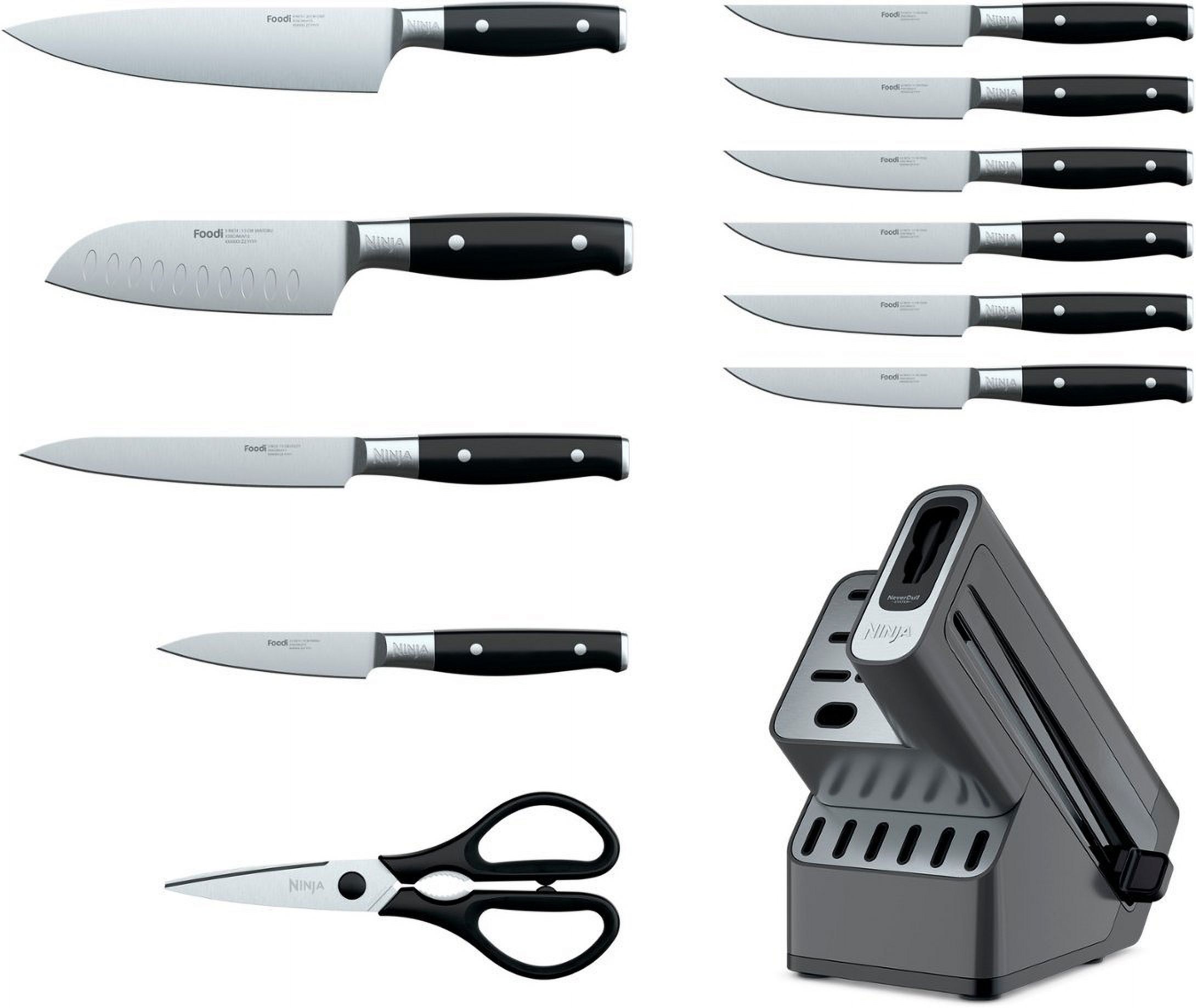 Open Box Ninja K32012 Foodi NeverDull Premium Knife System, 12 Piece Knife Block Set with Built-in Sharpener, German Stainless Steel Knives, Black