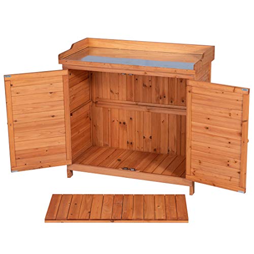 Outdoor Garden Patio Wooden Storage Cabinet Furniture Waterproof Tool Shed with Potting Benches Outdoor Work Station Table (Natural)
