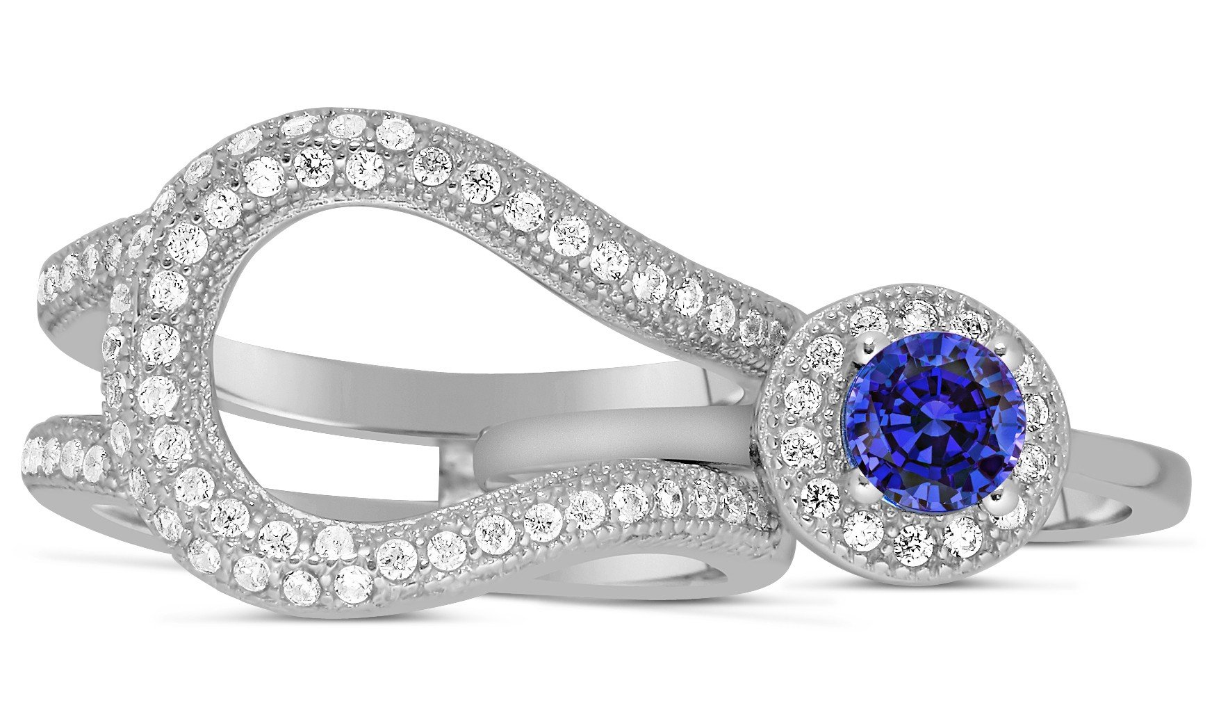 Unique and Luxurious 2.25 Carat Halo Art Deco Designer Round Shape Blue Sapphire Moissanite Diamond Wedding Ring Set in 10k White Gold