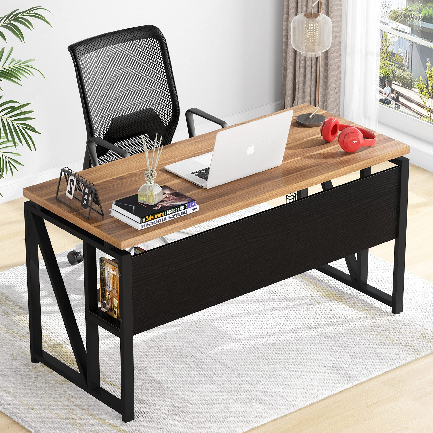 【Furniture】L Shaped Desk with Drawer Cabinet, 55" Executive Computer Desk and lateral File Cabinet