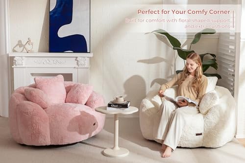 MAXYOYO Bean Bag Chair for Adults, Floral Shaped Bean Bag Sofa, Ultra Soft Faux Fur Floor Sofa, Large Reading Chair for Living Room Bedroom, Beige