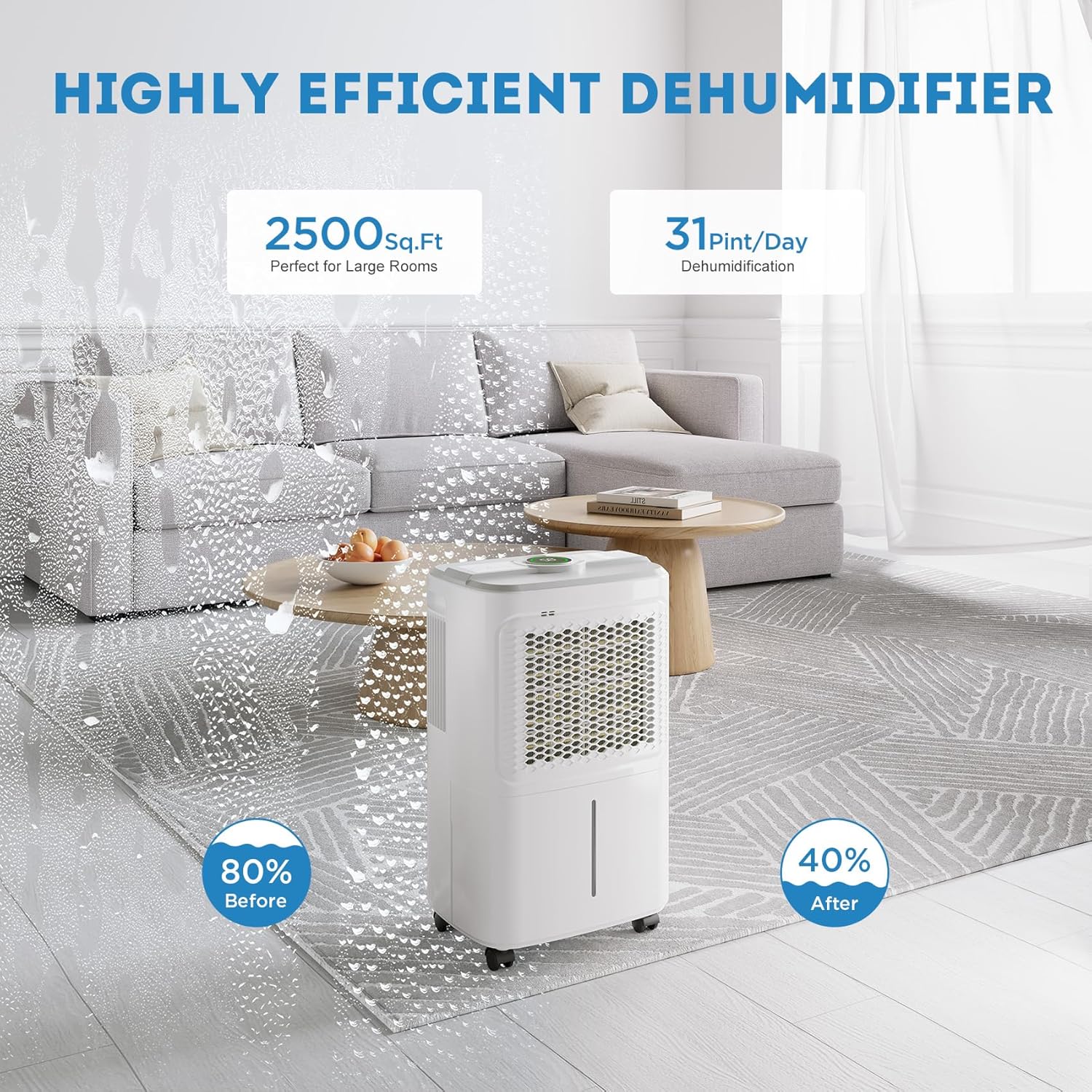 Dehumidifier for Basement 2500 Sq.Ft, 31 Pints Dehumidifiers for Home Large Room with Drain Hose for Bathroom, 2L Water Tank, Dry Clothes Mode