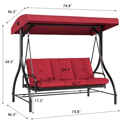 TLSUNNY 3-Seat Outdoor Patio Porch Swing with Adjustable Canopy & Backrest, Convertible Glider Bed with Stand, Removable Seat Cushion