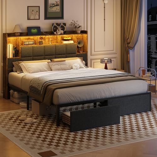 LED Bed Frame Full Size with Bookshelf Headboard, 2 Hidden Storage Drawers, Upholstered Platform Metal Bed Frame with Charging Station