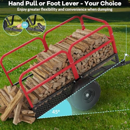Heavy Duty ATV Trailer Dump Car, Utility Steel Yard Trailer, 1700-Pound Capacity Garden Dump Carts, Hand Pull or Foot Pedal Dump Cart for ATV, UTV