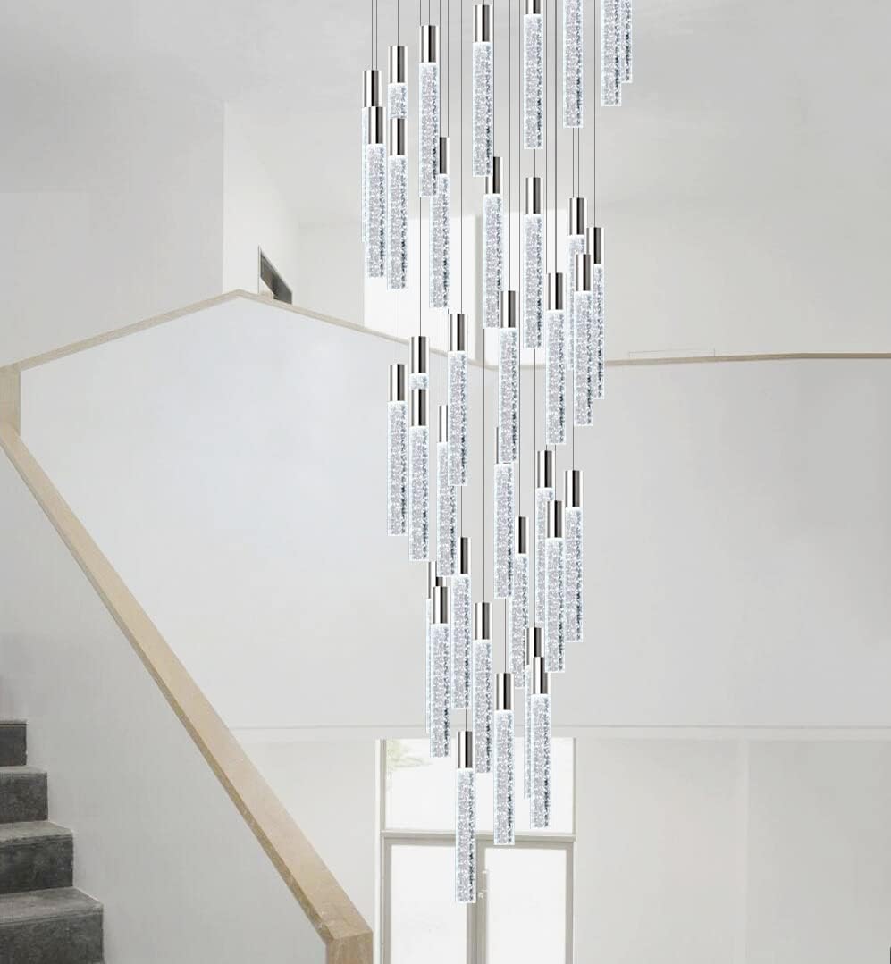 H118 24-Lights High Ceiling Chandelier Silver Chrome Light Modern Dimmable Light Fixtures Foyer Chandelier Light Pendant Lighting Ceiling Crytstal