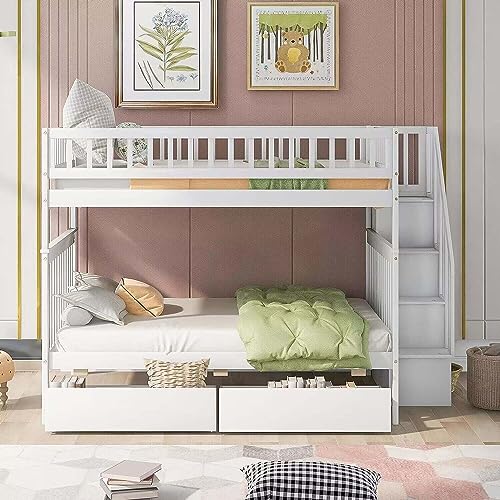 Harper & Bright Designs Twin Size Loft Bed with L-Shaped Desk and Stairs, Solid Wood Loft Bed Frame with Storage Drawers and Bookcase