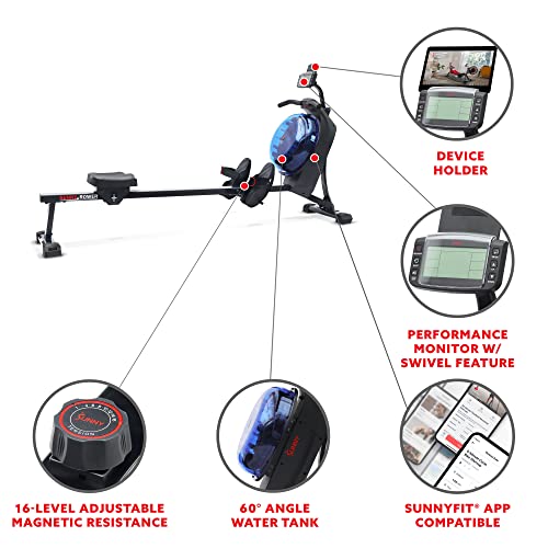 Sunny Health & Fitness Elite Water Rowing Machine with High Dynamic Resistance Vertical Tank