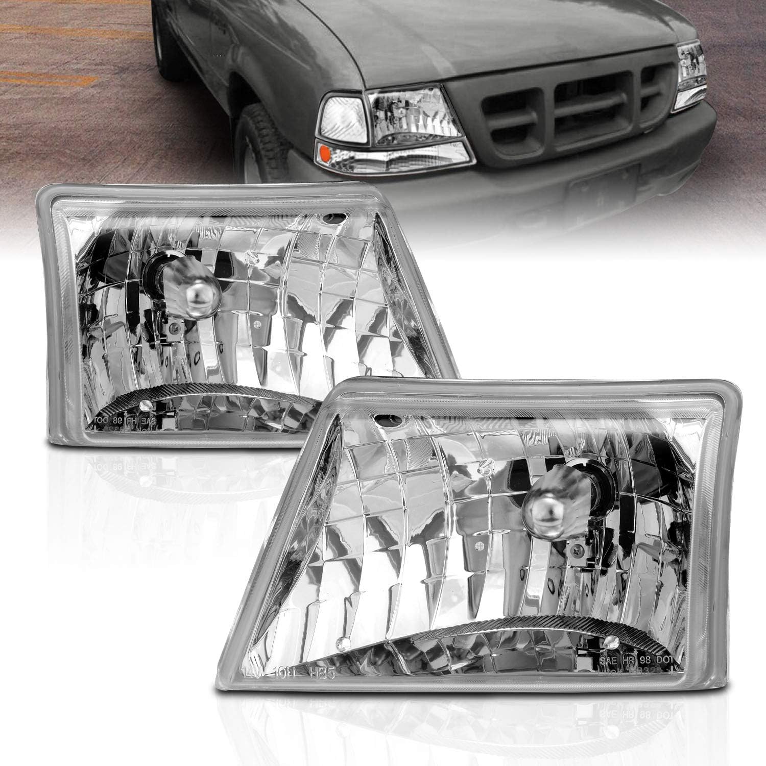 AmeriLite Crystal Replacment Headlights Pair for 1998 1999 2000 Ford Ranger Pickup - Passenger and Driver Side