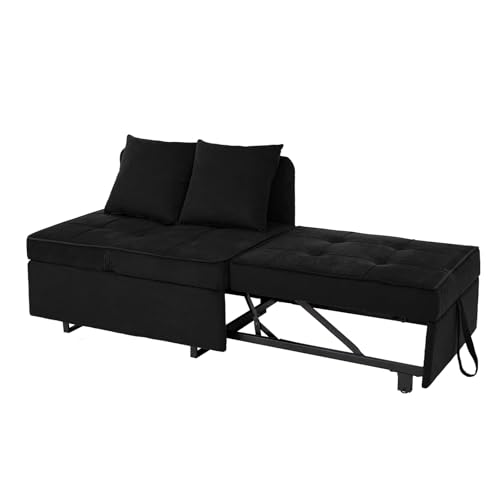 Sofa Bed 4-in-1 Convertible Pull Out Couch, Velvet Love seat Couch Sleeper Chair Bed with 2 Throw Pillow