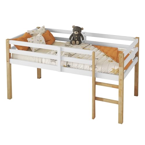 Low Loft Bed Twin Size, Kids Solid Wood Modern Loft Bed Frame with Ladder and Safety Guardrail for Girls Boys, Noise-Free,Non-Toxic Finishes