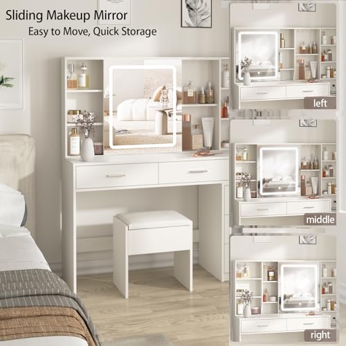 Fameill Vanity Desk with Mirror and Lights, Makeup Vanity with 5 Drawers, Makeup Desk with Charging Station and Ample Storage