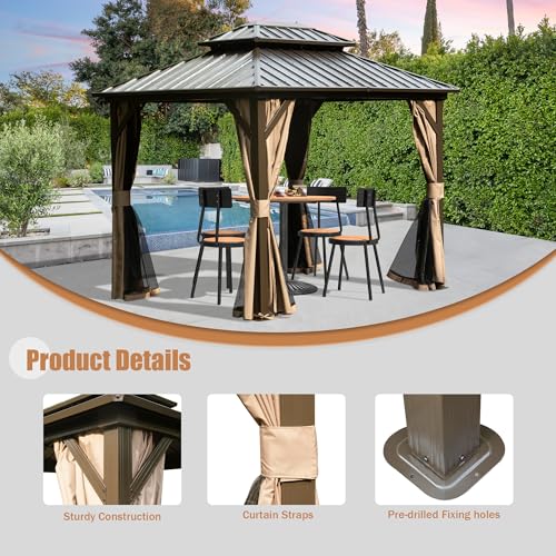 Domi 10' x 10' Hardtop Gazebo Outdoor Metal Gazebo with Galvanized Steel Double Roof Canopy, Curtains and Netting for Patio, Backyard, Deck