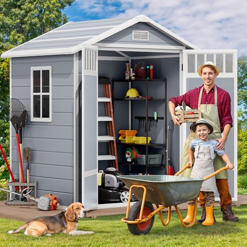 DWVO 6x4.4 FT Resin Storage Shed with Fence-Style and Side Windows, Lockable Door, and Vents for Garden, Backyard, Patio, Lawn, Gray