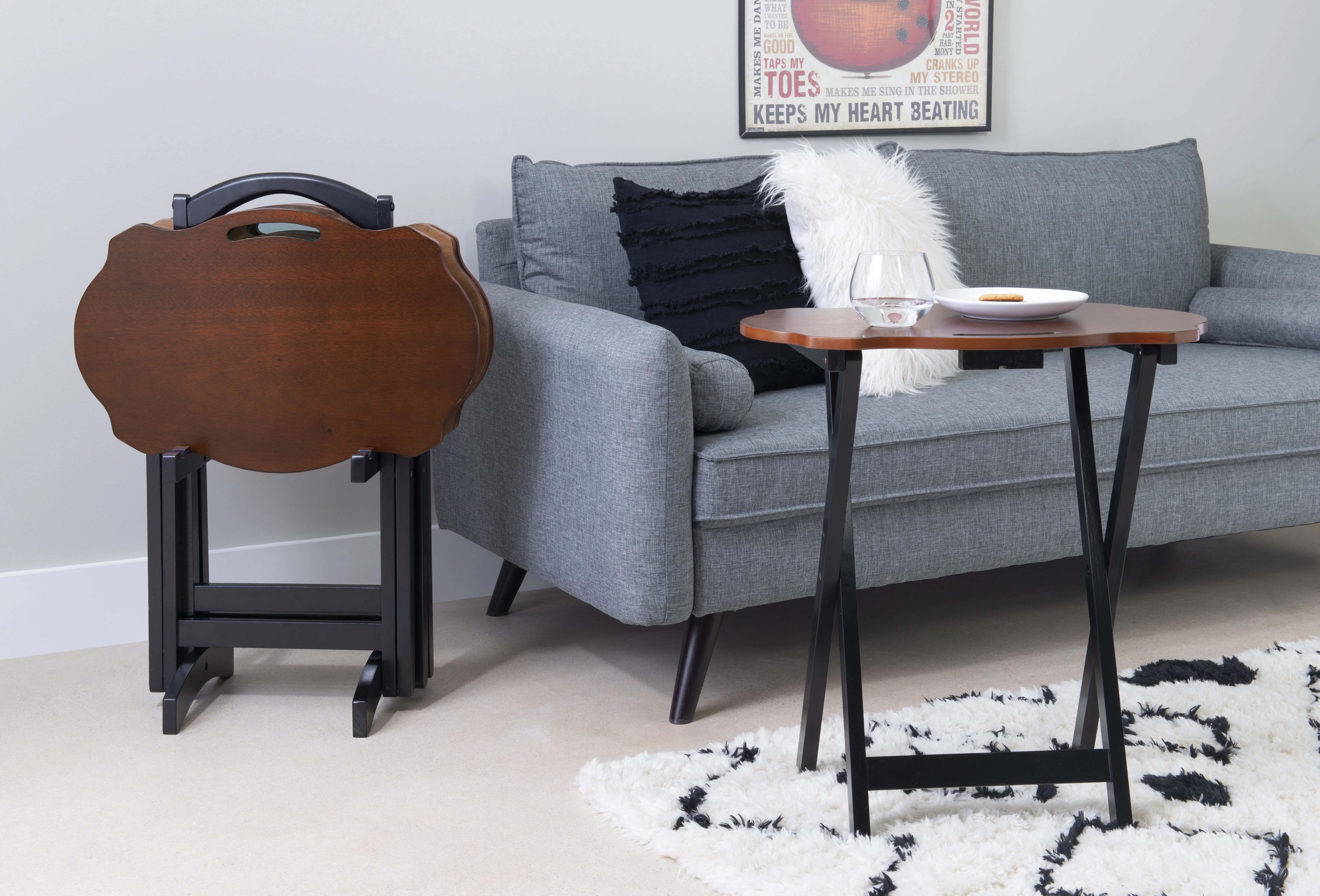 Powell Serpentine 5-Piece Indoor Folding Side Table, Snack, or TV Tray Set with Stand, 26" Tall, Hazelnut/Black