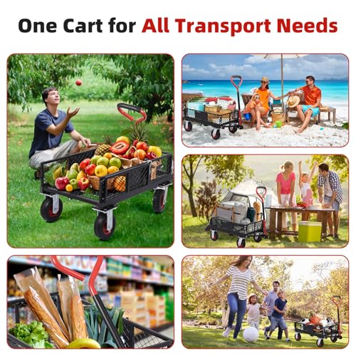 880lbs Steel Garden Dump Cart, Heavy Duty Yard Dump Utility Wagon w Removable Mesh Sides, Utility Metal Wagon w 180° Rotating Handle