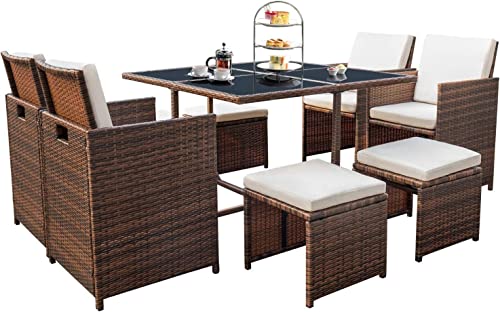 Devoko 9 Pieces Patio Dining Sets Outdoor Space Saving Rattan Chairs with Glass Table Patio Furniture Sets Cushioned Seating and Back Sectional