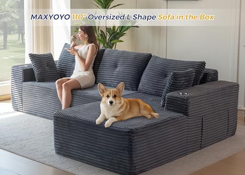 MAXYOYO 110" Modular Sectional Couch with L-Shape Chaise, Modern Boneless Couch for Living Room, Sofa in A Box, Oversized Sofa Sleeper with Deep Seat