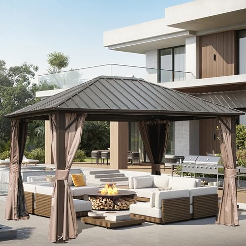 Domi 10' x 10' Hardtop Gazebo Outdoor Metal Gazebo with Galvanized Steel Double Roof Canopy, Curtains and Netting for Patio, Backyard, Deck