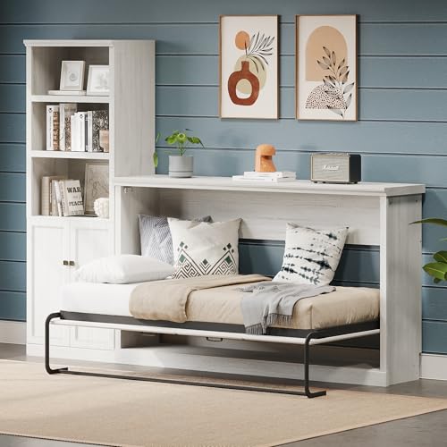 SOFTSEA Twin Size Murphy Bed with 2 Side Cabinet Storage Shelf, Horizontal Murphy Bed with Bookcase