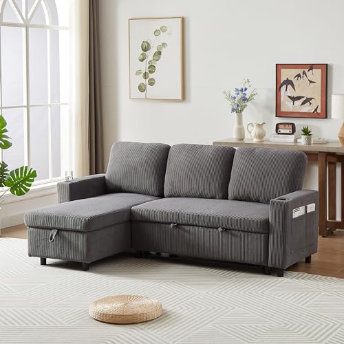 L-Shaped Pull Out Sleep Sofabed,Modern Reversible Sleeper Sectional Sofa Chenille Upholstered Button Tufted Decor with Storage Chaise