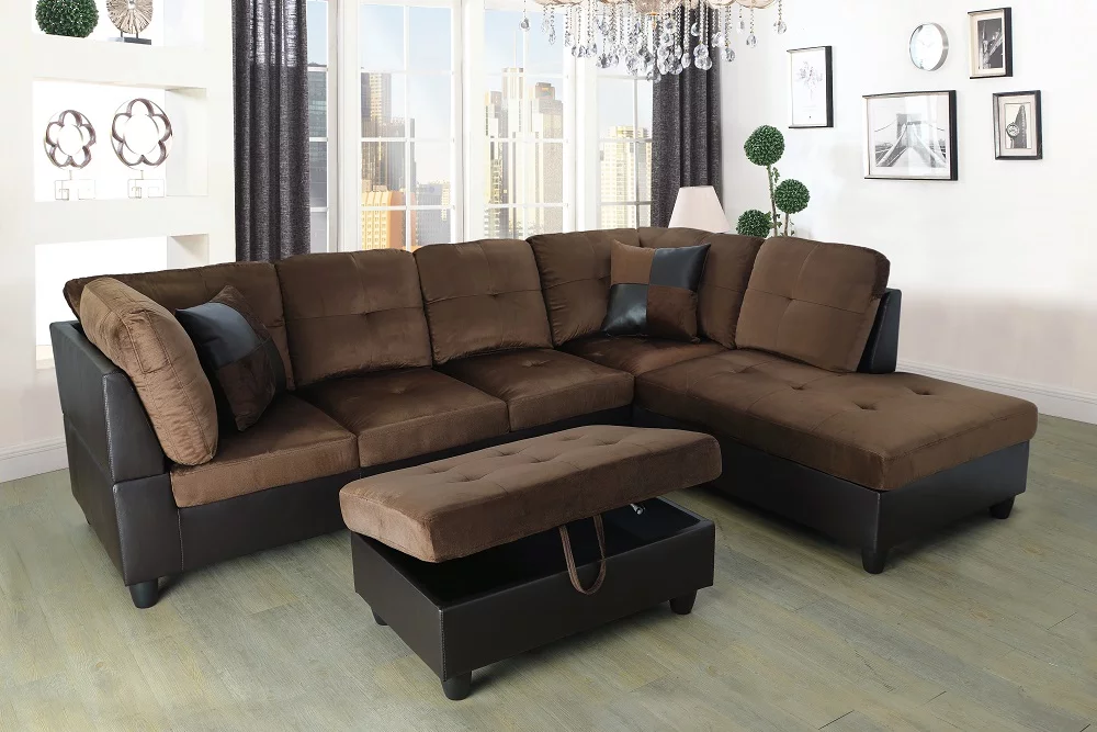 PonLiving Furniture Aiden 104" Sectional Sofa & Chaise with Ottoman Microfiber and faux leather upholstery Brown Right Hand Facing