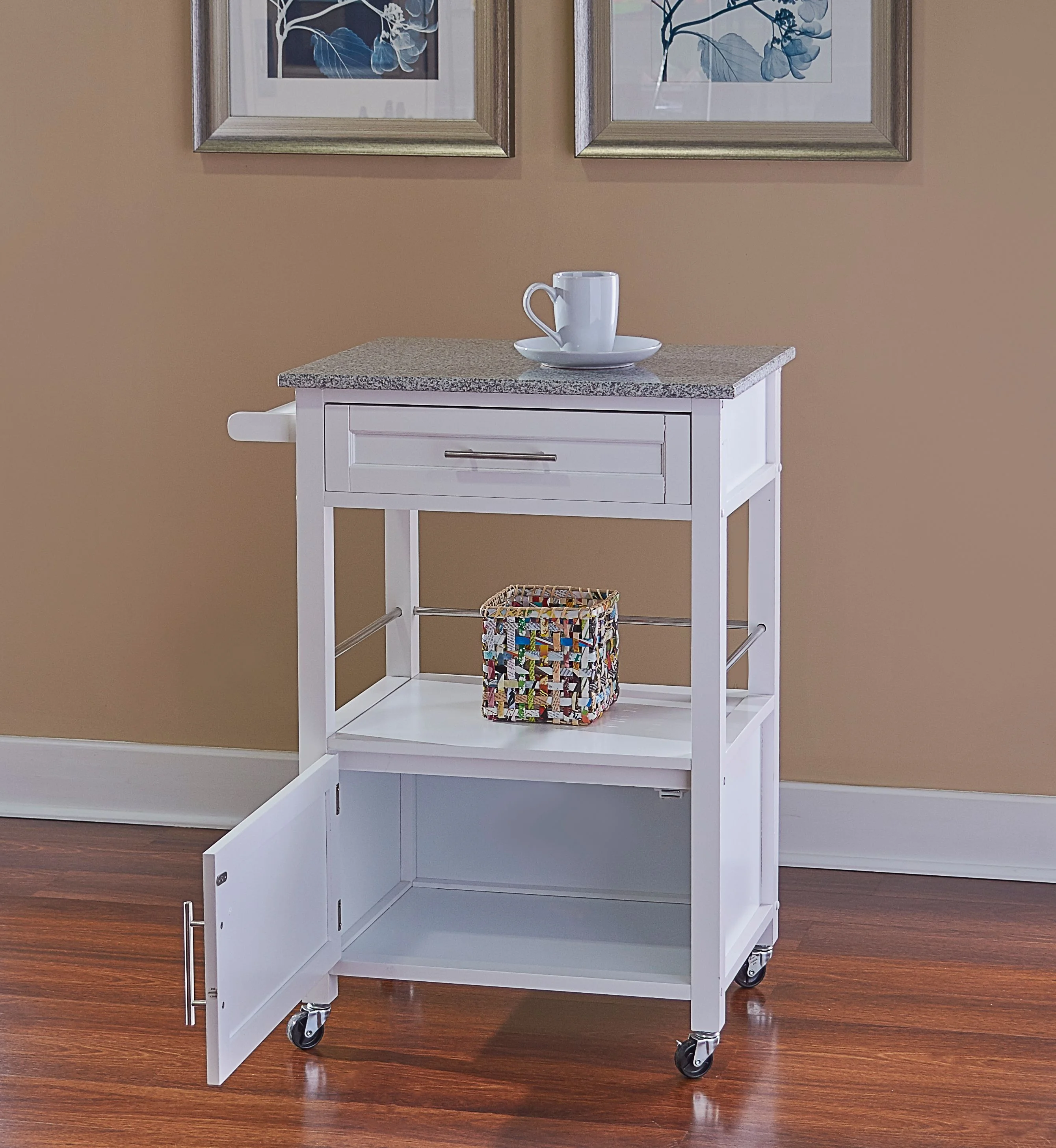 Linon Mitchell Wood Granite Top Kitchen Cart in White