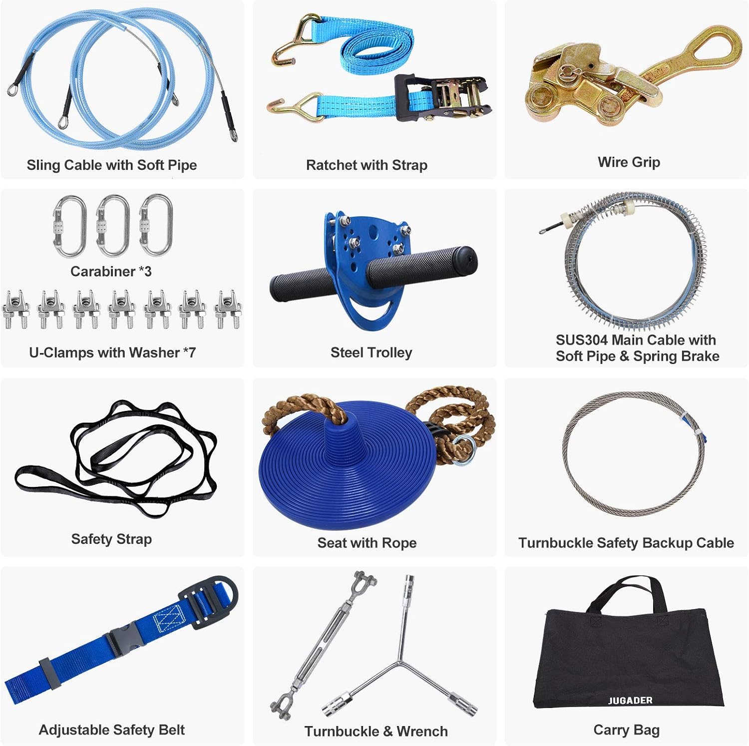 Jugader 160FT Zipline Kits for Backyard with 100% Stainless Steel Cable, Zip Lines for Kids and Adults Outdoor with Cable Tensioning Kit
