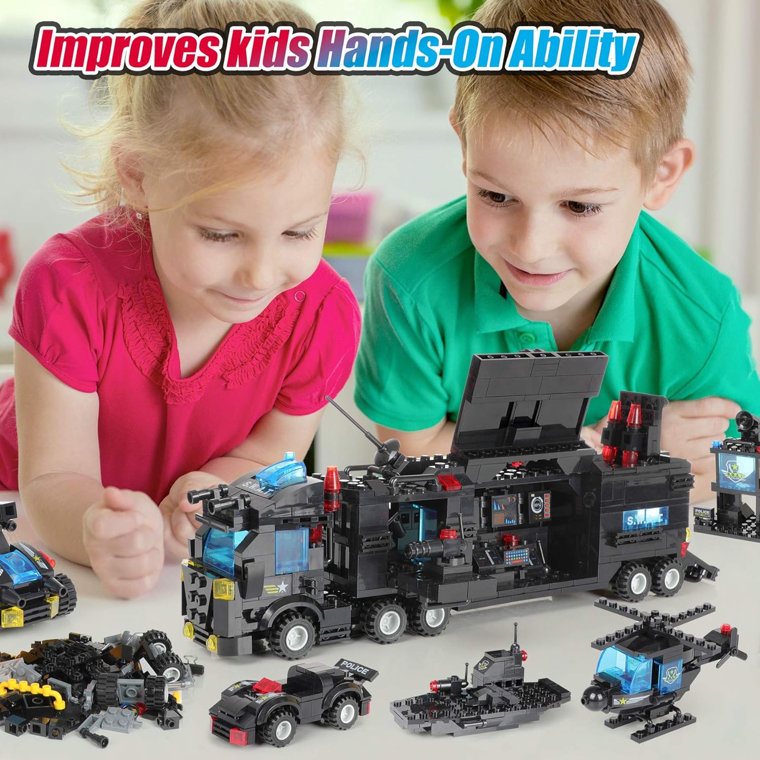 1110 PCS SWAT City Police Station Mobile Command Center Truck Car Building Blocks Set in 25 Different Models Police Cars, Helicopter, Boat