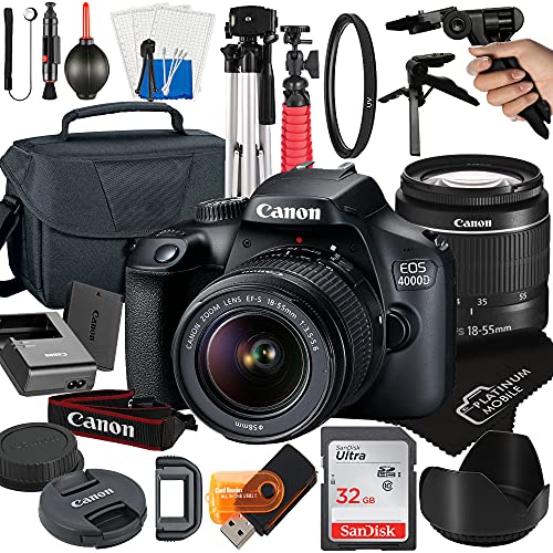 Canon EOS 4000D / Rebel T100 DSLR Camera with 18-55mm Lens + Platinum Mobile Accessory Bundle Package Includes: SanDisk 32GB Card, Tripod, Case