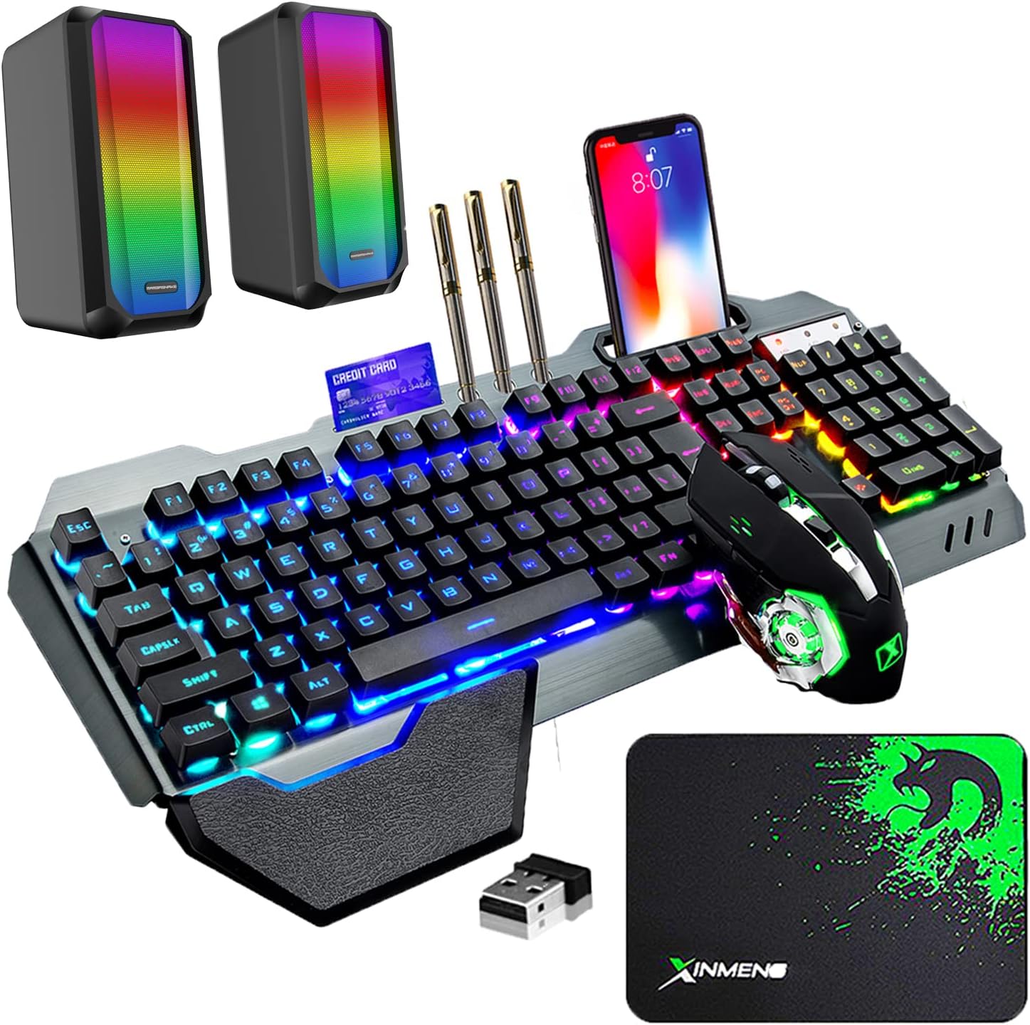Wireless Gaming Keyboard Mouse and Wired Computer Speaker with Rainbow RGB Backlit Rechargeable Battery Metal Mechanical Ergonomic Waterproof