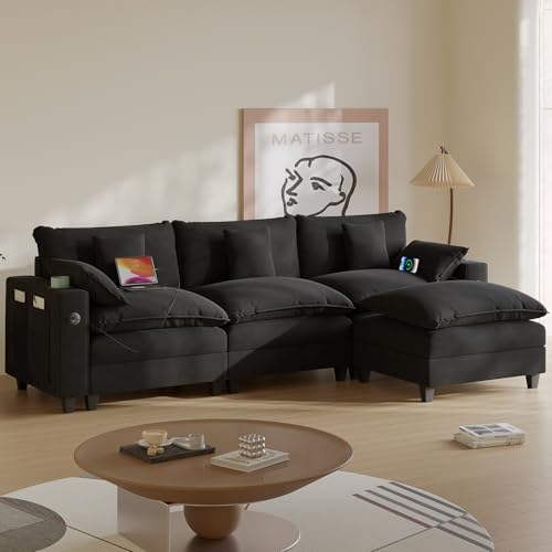 Modular Sectional Sofa, Cloud Couch with Ottoman, Charging Station, Throw Pillows, Cup Holders, Modern Convertible U Shaped Couches for Living Room