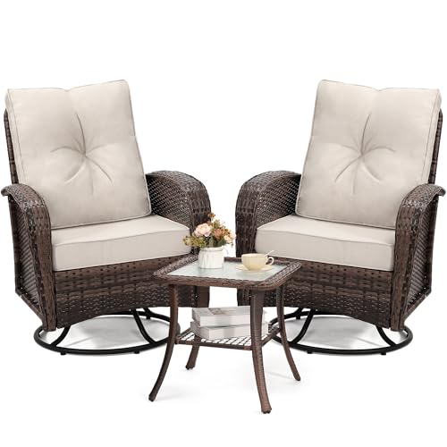 3 Piece Rattan Wicker Bistro Set, Outdoor Conversation Furniture Set with Glass Top Table, Space Saving for Balcony, Backyard, Natural