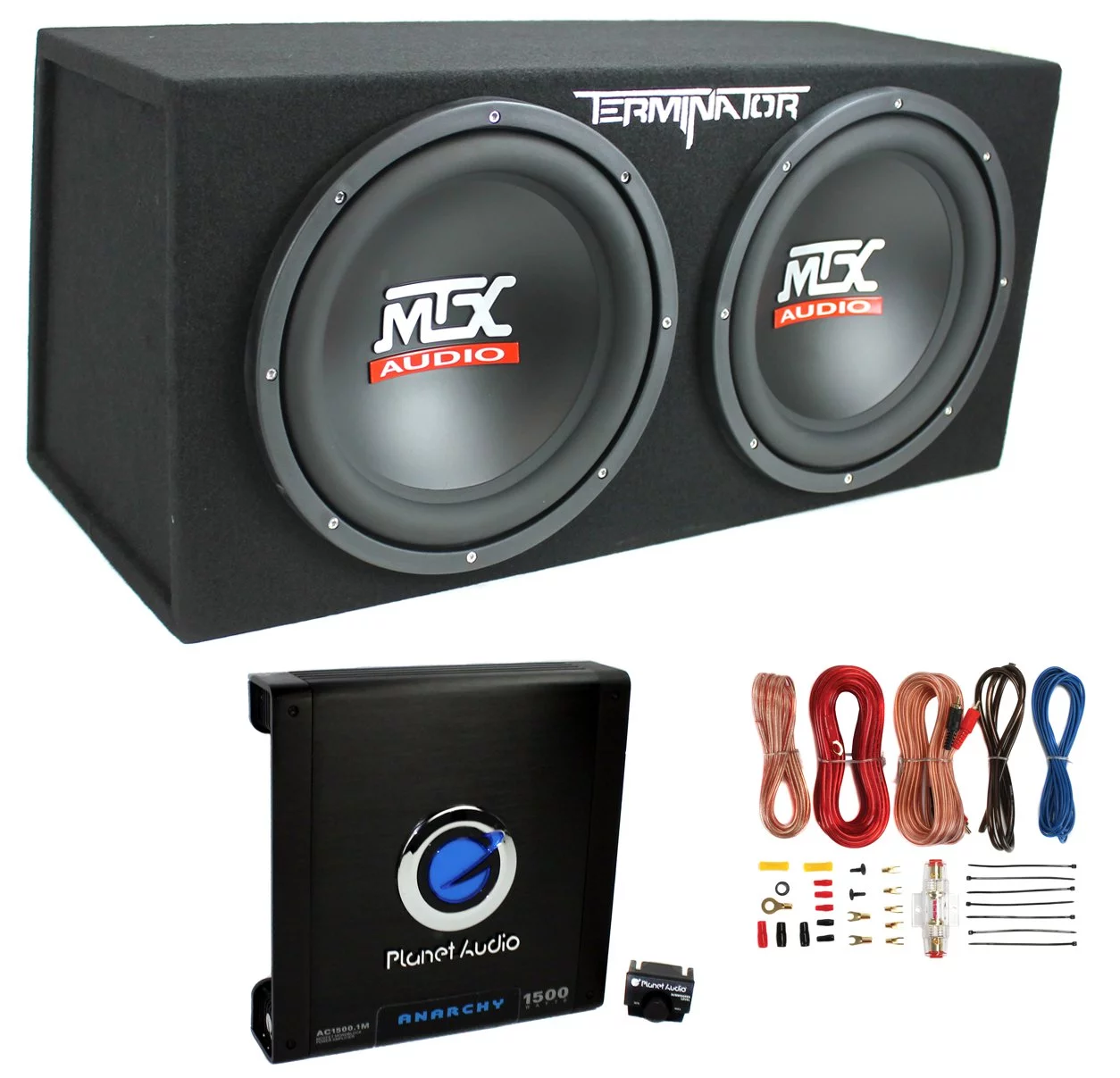 MTX TNE212D 12" 1200W Dual Loaded Car Subwoofers + Box + Planet 1500W Amp + Kit